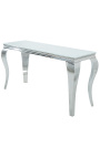 Modern baroque console in stainless steel silver and top white glass