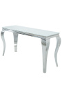 Moderne barokke console in roestvrij staal zilver en wit glas bovenaan