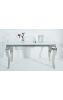 Console baroque moderne en acier inoxydable argenté et plateau en verre blanc