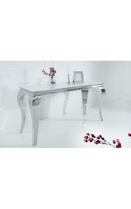 Console baroque moderne en acier inoxydable argenté et plateau en verre blanc