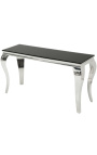 Modern baroque console in stainless steel silver and top black glass