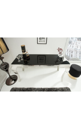 Console baroque moderne en acier inoxydable argenté et plateau en verre noir