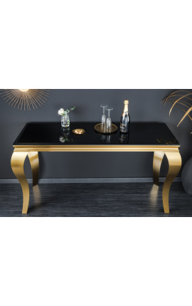 Console baroque moderne en acier inoxydable doré et plateau en verre noir