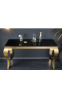 Modern baroque console in golden stainless steel and top black glass
