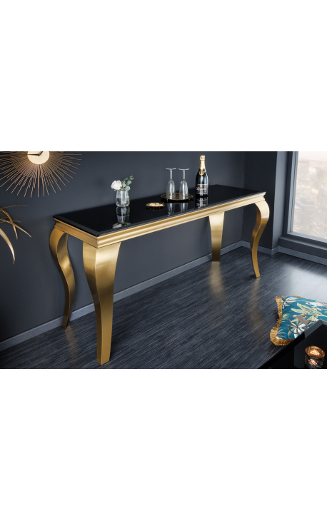 Modern baroque console in golden stainless steel and top black glass