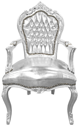 Barokkityylinen rokokootyylinen nojatuoli hopeaa keinonahkaa ja hopeoitua puuta