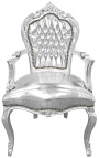 Barock Rococo fåtölj stil silver läder och silvered trä - 1