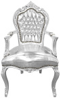 Baročni rokokojski fotelj iz umetne kože v srebrni barvi in posrebrenem lesu
