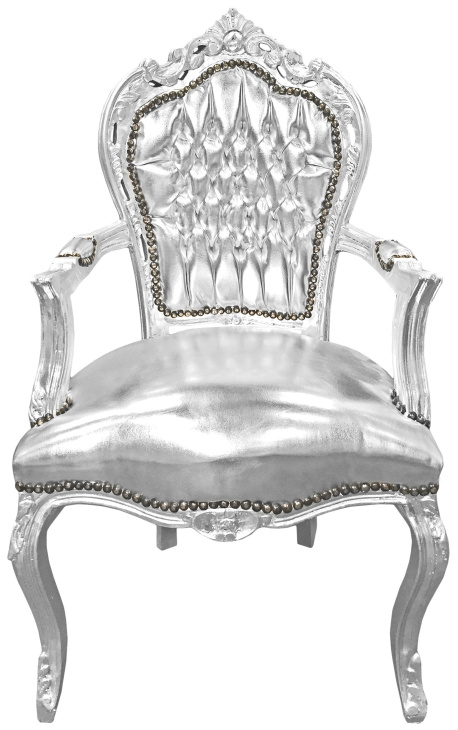 Fotel w stylu barokowym rokoko sztuczna skóra skóra srebrna i drewno posrebrzane