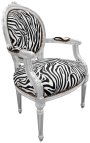 Baroque armchair Louis XVI style zebra fabric and wood silver