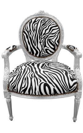 Barokowy fotel w stylu Ludwika XVI tkanina zebry i drewno srebrne