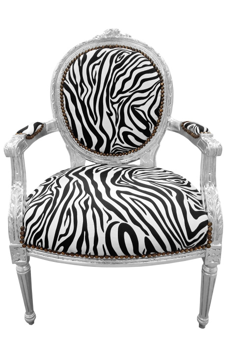 Barock-Sessel im Louis-XVI-Stil aus Zebra-Stoff und Holz in Silber