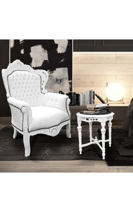 Big baroque style armchair white leatherette and white lacquered wood 