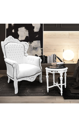 Grand fauteuil de style Baroque simili cuir blanc et bois blanc