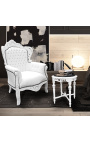 Grand fauteuil de style Baroque simili cuir blanc et bois blanc