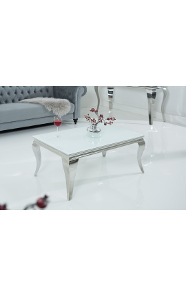 Mesa baja barroca moderna de acero plata plato en vidrio blanco