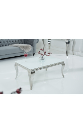Table basse baroque moderne en acier argenté et plateau en verre blanc