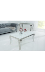 Table basse baroque moderne en acier argenté et plateau en verre blanc