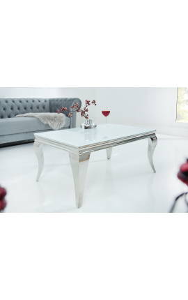 Moderne barok salontafel in staal zilver en wit glas