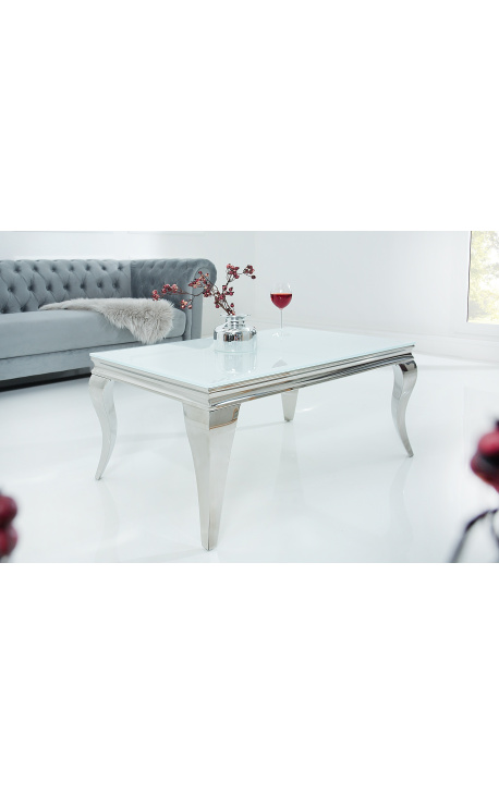 Table basse baroque moderne en acier argenté et plateau en verre blanc