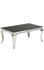 Modern baroque coffee table in steel silver and top black glass