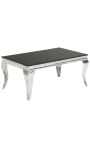 Moderner Barock-Couchtisch aus Stahl in Silber und schwarzer Glasplatte