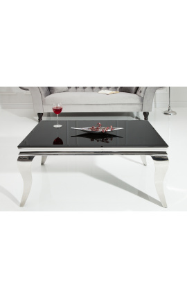 Mesa baja barroca moderna de acero plata plato en vidrio negro