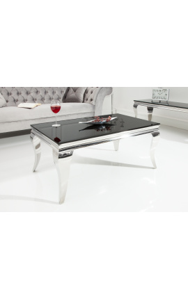 Modern baroque coffee table in steel silver and top black glass