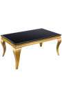 Modern baroque coffee table in golden steel and top black glass