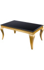 Modern baroque coffee table in golden steel and top black glass