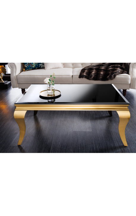 Modern baroque coffee table in golden steel and top black glass