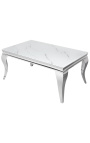 Table basse baroque moderne en acier argenté et plateau imitation marbre blanc