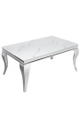 Table basse baroque moderne en acier argenté et plateau imitation marbre blanc