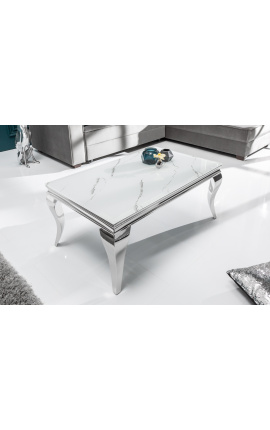 Mesa baja barroca moderna de acero plata y placa imitación mármol blanco