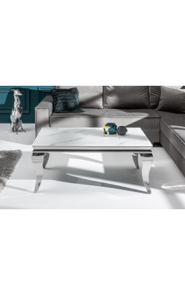 Table basse baroque moderne en acier argenté et plateau imitation marbre blanc