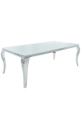 Moderner Barock-Esstisch aus Stahl silber, Tischplatte aus weißem Glas 180 cm
