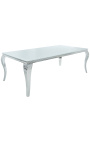 Tavolo da pranzo barocco moderno in acciaio silver, piano in vetro bianco 180cm