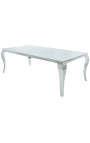 Tavolo da pranzo barocco moderno in acciaio silver, piano in vetro bianco 180cm