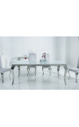 Modernt barockmatbord i stål silver, topp vit glas 180cm