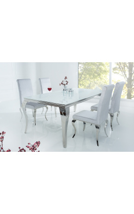 Moderner Barock-Esstisch aus Stahl silber, Tischplatte aus weißem Glas 180 cm