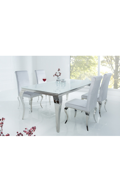 Table de repas baroque moderne en acier argenté, plateau en verre blanc 180cm