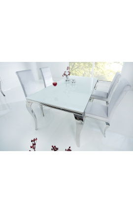 Mesa de comidas barroca moderna de acero plataplato de vidrio blanco 180cm