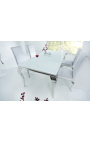 Mesa de jantar barroca moderna em aço prateado, tampo em vidro branco 180cm