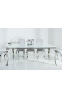 Mesa de jantar barroca moderna em aço prateado, tampo em vidro branco 200cm