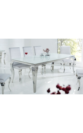 Table de repas baroque moderne en acier argenté, plateau en verre blanc 200cm