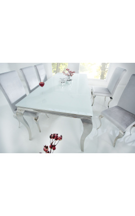 Mesa de comidas barroca moderna de acero plataplato de vidrio blanco 200cm