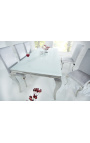 Mesa de jantar barroca moderna em aço prateado, tampo em vidro branco 200cm
