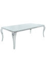 Modern baroque dining table in steel silver, top white glass 200cm