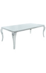 Moderner Barock-Esstisch aus Stahl silber, Tischplatte aus weißem Glas 200 cm