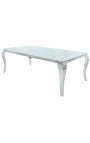 Moderner Barock-Esstisch aus Stahl silber, Tischplatte aus weißem Glas 200 cm